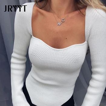 JRYYT Sexet Low-Cut Beskåret Sweater Kvinder Slim Fit Bunden Strikket Pullover Kvinder med Lange Ærmer Solid Strik Kvindelige Jumper 2020