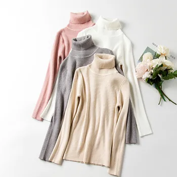 Casual Basic Rullekrave Sweater Kvinder Solid Langærmet Strikkede Pullovers Kvinder Efterår Og Vinter Slim Fit-Pink Sweater