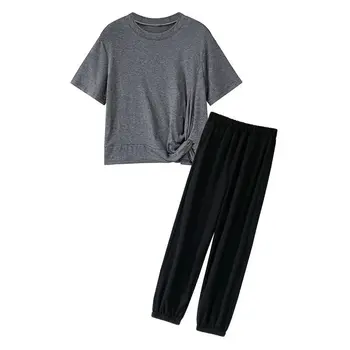 QWEEK Korean Style t-Shirts + Høj Talje Bred Ben Bukser Solid To Stykker Pyjamas Sæt Kvinder Løs Nattøj Hjem Passer til