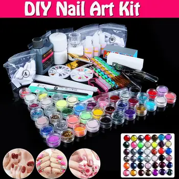 NYE Akryl Negle Kit Manicure Sæt Med Flydende Akryl Negle Glitter Powder Nail Tips Dekoration Acryl Pensel Nail Art Værktøj