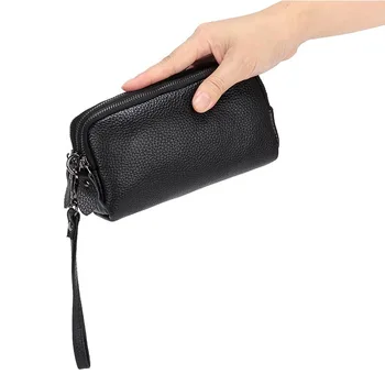 Kvinder nye læder tegnebog solid farve tre lag lynlås stor kapacitet clutch læder multifunktionelle mobiltelefoner opbevaringspose