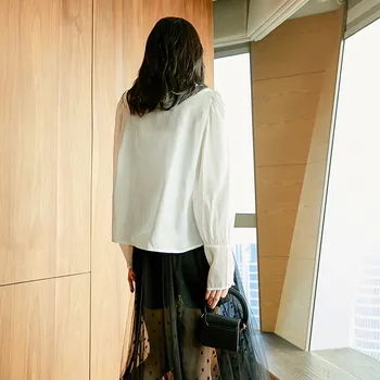 VGH Foråret Søde Kvinder Shirt med Lange Ærmer Peter Pan Krave med snøre Bue Løs Slank Chiffon Kvindelige Top Bluse Mode koreanske Ny