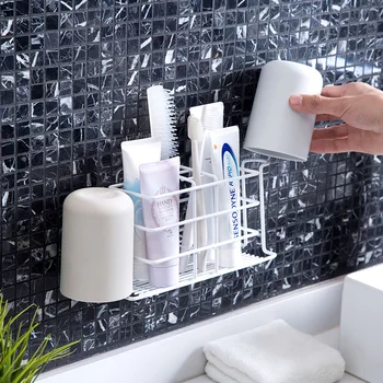 NOOLIM Strygejern Badeværelse Selvklæbende vægbeslag tandbørsteholder Tumbler Holder Badeværelse Tilbehør Arrangør Storage Rack