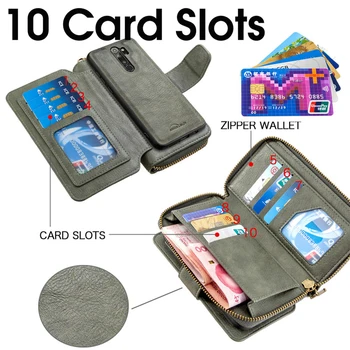 10 Card Wallet Læder taske Til Xiaomi Redmi Bemærk 9s 8T 8 7 K20 7A 8A MI Note 10 9T Pro Aftagelig Magnetisk Flip Tilfælde, Lynlås