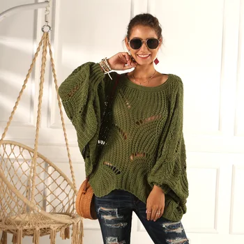 Paris Girl Kvinder Casual Bluse Bunden Sweater Kvindelige Hule Krog Blomst Løs Strik Bat-Shirt Top Mode