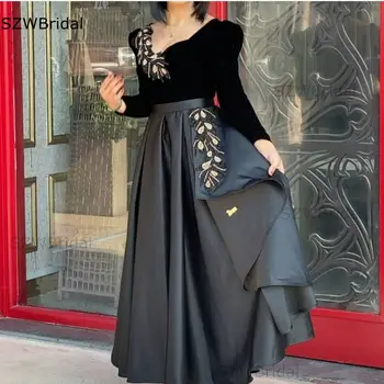 Nye Ankomst Satin V-Hals Lange ærmer aften kjoler 2021 Velvet Black Dubai Kaftan aften kjoler Formelle klæder Avondjurken