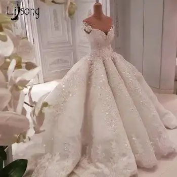 Smukke Blonder 3D Blomst brudekjoler Med Lange Tog Sparkle Crystal Beaded Brude Kjoler Puffy Bold Kjoler skræddersyet