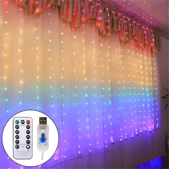 3X3M Rainbow Gardin Lys LED String Garland Fe Icicle Dekorative Lys til julefrokost Soveværelse Væggen Bryllup Indretning