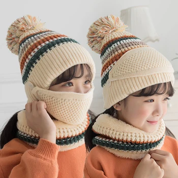 Vinteren børn, hat, tørklæde maske tre stykke børn Plys tykkere holde strikket pullover cap beskytte ansigt, hals, bold hat Huer