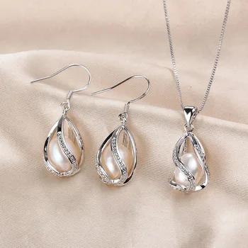 Naturlige Ferskvands Perle Smykker Sæt Til Kvinder Mode 925 Sterling Sølv Øreringe+Vedhæng Bryllup Smykker Med Box