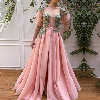 Pink Aften Kjoler med Grøn Pynt A-Line Korte Ærmer Lange Prom Kjoler skræddersyet Fest Kjole til Eksamen 2020