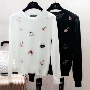 Foråret koreansk mode sød college broderi sweater langærmet strik jakke studerende pels pullovere sort hvid pink
