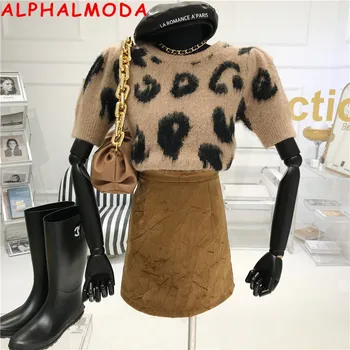 ALPHALMODA Kort Pullover Sweater Korte Ærmer til Kvinder 2020 Efteråret Nye Fashionable Leopard Print All-Matchende Sweater Top