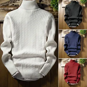 Mode Mænd Roll Turtle Neck Sweater Jumper Solid langærmet Casual Polyester Strikket Vinter Top M-3XL