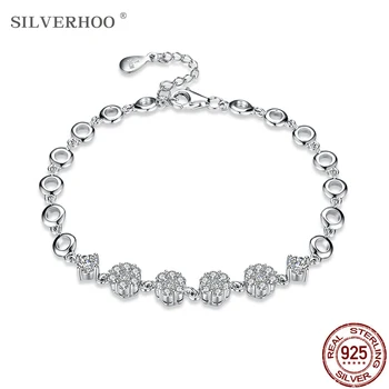 SILVERHOO 925 Sterling Sølv Armbånd Til Kvinder Shiny Blomst Cubic Zirconia & Circle Armbånd Kvindelige Luksus Smykker